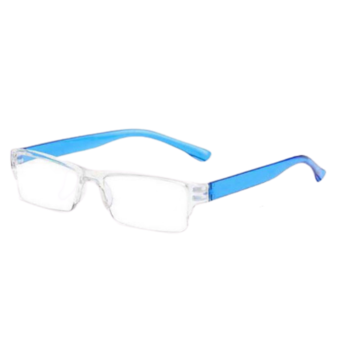 randloos leesbril voor dames en heren in blauw, met leessterkte +3.50. Stijlvol montuur en comfortabele pasvorm. (SKU: RAND-LOOS-018)