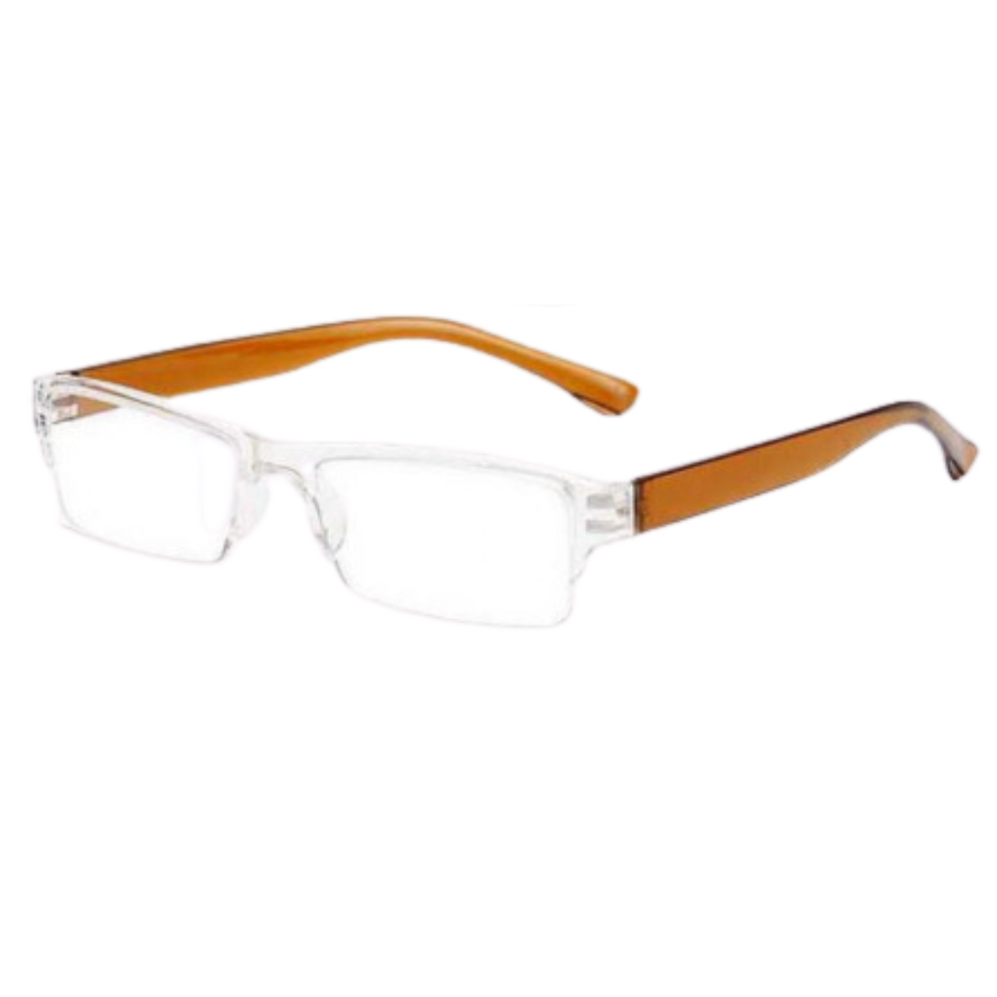 randloos leesbril voor dames en heren in bruin, met leessterkte +3.50. Stijlvol montuur en comfortabele pasvorm. (SKU: RAND-LOOS-024)