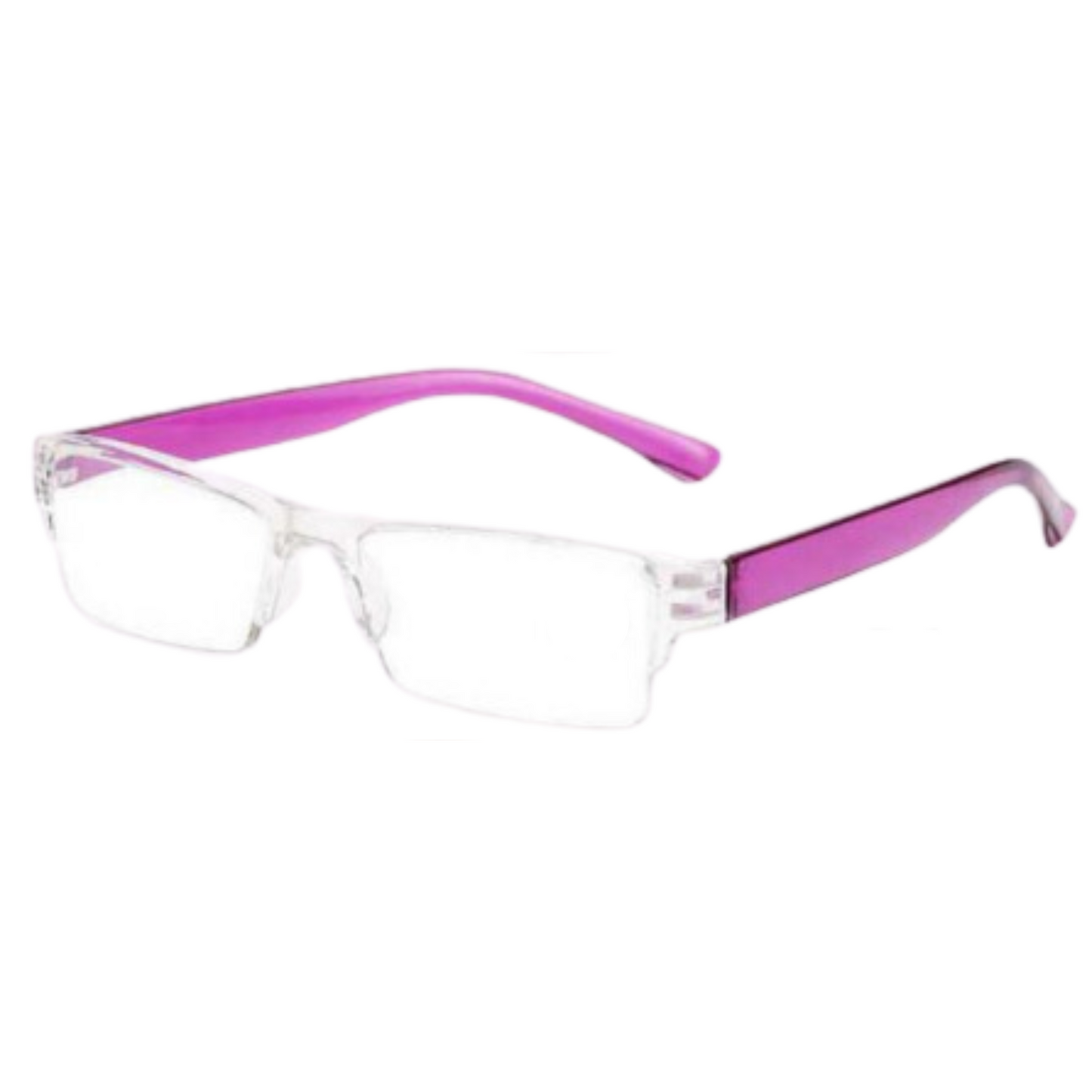 randloos leesbril voor dames en heren in paars, met leessterkte +3.50. Stijlvol montuur en comfortabele pasvorm. (SKU: RAND-LOOS-030)