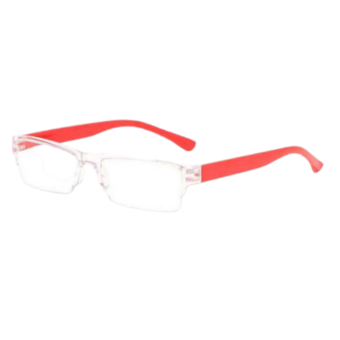 randloos leesbril voor dames en heren in rood, met leessterkte +3.50. Stijlvol montuur en comfortabele pasvorm. (SKU: RAND-LOOS-012)